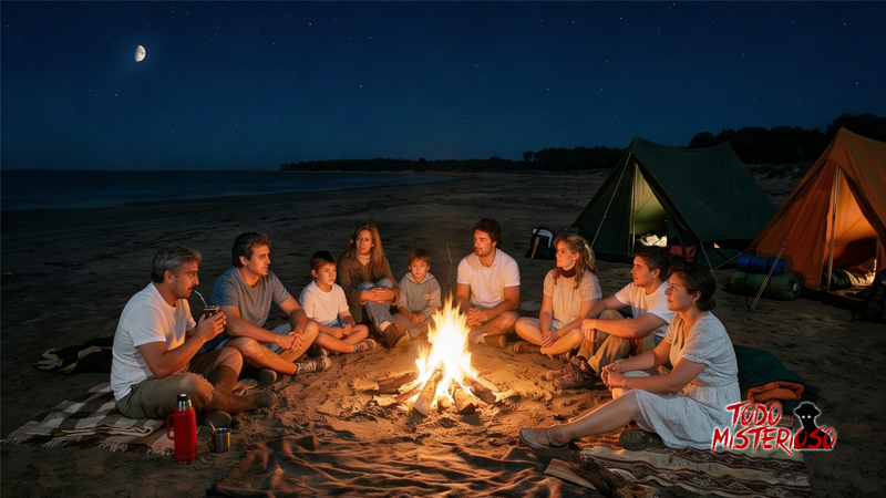 9 personas en una playa con una fogata. Imagen ilustrativa