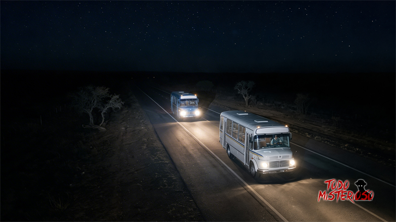 Colectivos viajando por la noche en la ruta. Imagen ilustrativa