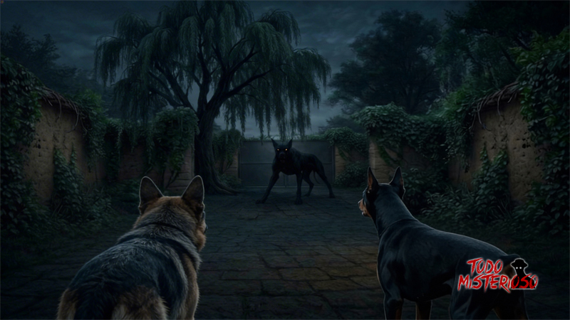 Un perro negro muy grande, posiblemente el Lobizón. Del otro lado, un ovejero alemán y un dóberman. Imagen ilustrativa