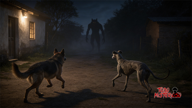 Un perro ovejero alemán y un galgo de caza, atacan un supuesto Lobizón en dos patas. Imagen ilustrativa