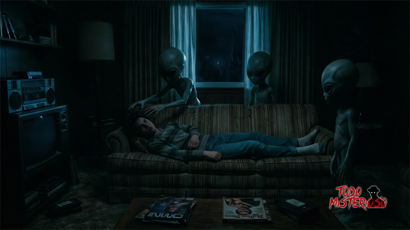 Joven con parálisis del sueño siendo rodeado por extraterrestres conocidos como los "Grises". Imagen ilustrativa
