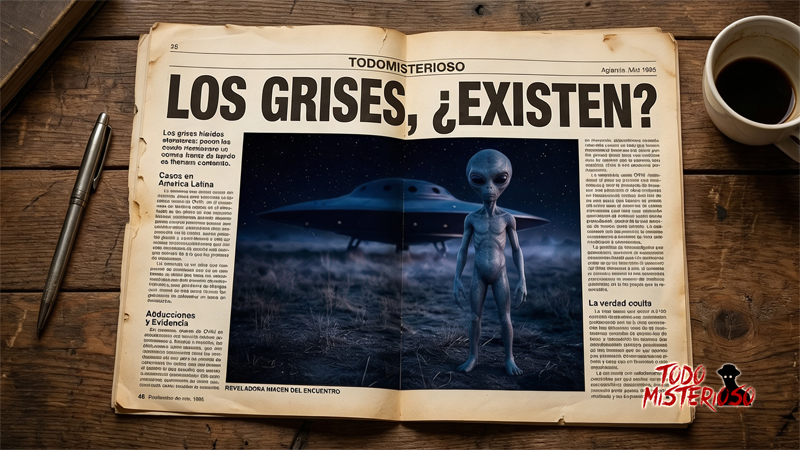 Revista con un artículo sobre los alienígenas conocidos como los "Grises". Imagen ilustrativa