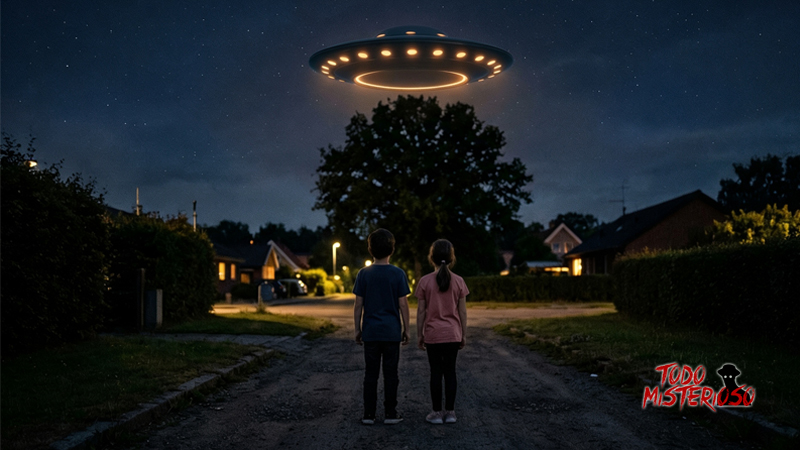 Dos chicos viendo un OVNI con la forma de un platillo volador. Imagen ilustrativa