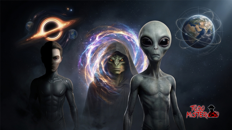 Razas de extraterrestres (grises y reptilianos) junto a un ser humano futurista. Imagen ilustrativa