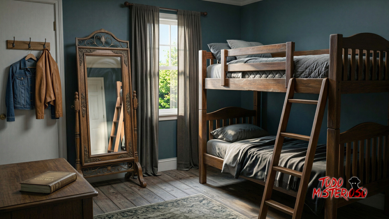 Dormitorio con un espejo antiguo, el cual sería un objeto embrujado. Imagen ilustrativa