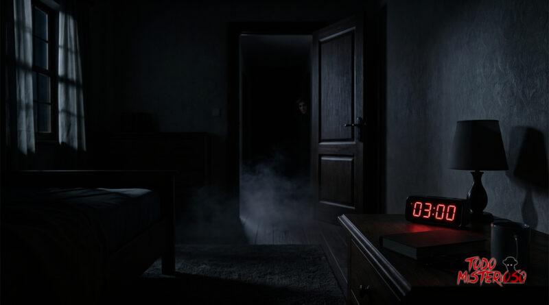 Fantasma o entidad escondido en la oscuridad. Reloj marcando las 03:00 AM. Imagen ilustrativa