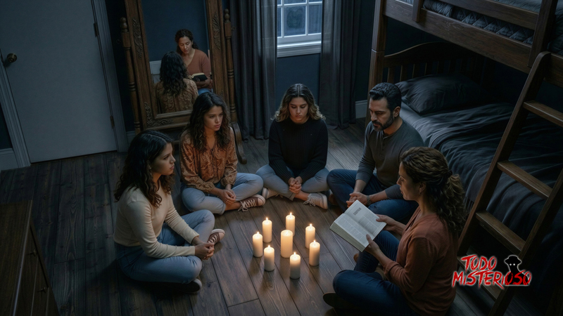 Familia orando para erradicar el mal de un espejo embrujado. Imagen ilustrativa